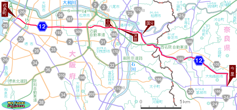 ①府道12号・堺大和高田線の経路と周辺道路の様子