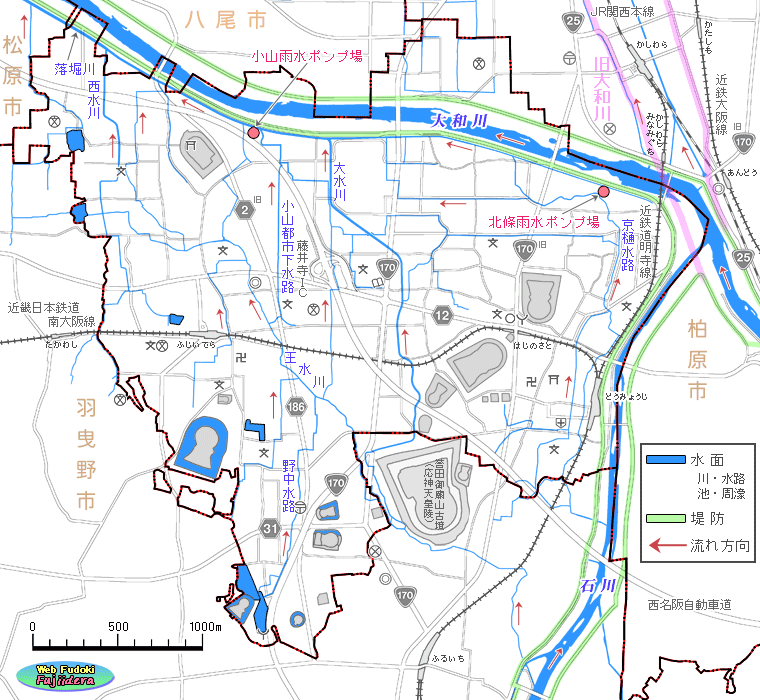 ④ 藤井寺市内のおもな水路網