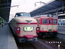 職業訓練校で講師をしていた父は、秋の修学旅行に出掛けると、乗った列車の写真を撮ってきてくれました。写真は新潟駅で撮られた181系特急「とき」とキハ55系の並びです。