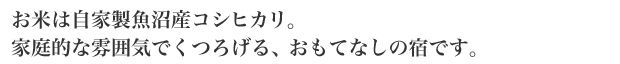 お米は自家製魚沼産コシヒカリ。家庭的な雰囲気でくつろげる、おもてなしの宿です。
