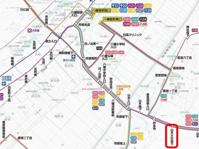 前田整骨院 八幡駅から 市原 能満へのバス路線