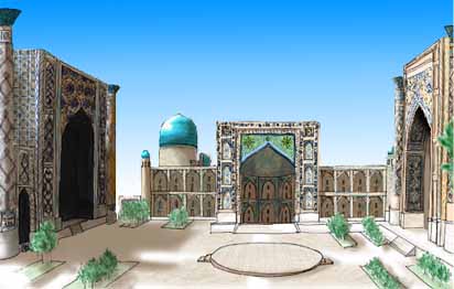 サマルカンド・レギスタン広場の絵・水彩風に描いてみました。