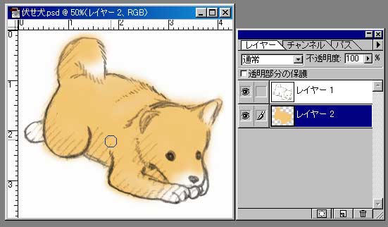 主線を乗算モードで塗ったわんこの絵