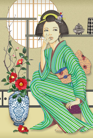 縞の着物をまとった女性のイラスト
