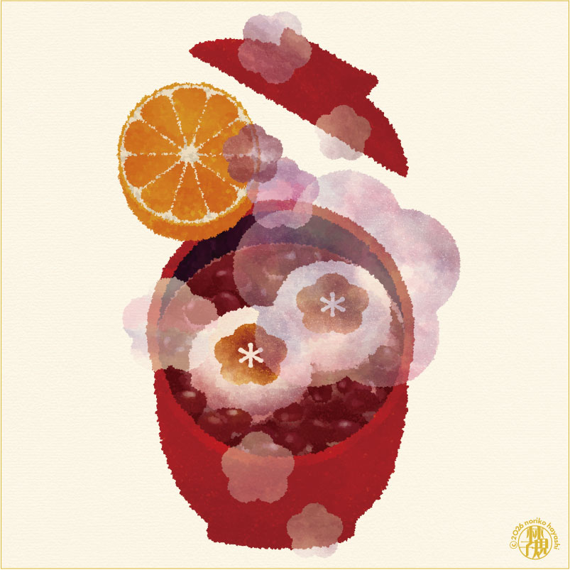 紅お椀に丸餅のお汁粉と蜜柑