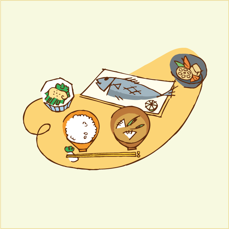 バランスのよい食事、青菜のおひたし、焼き魚、根菜の煮物、ごはん、お味噌汁