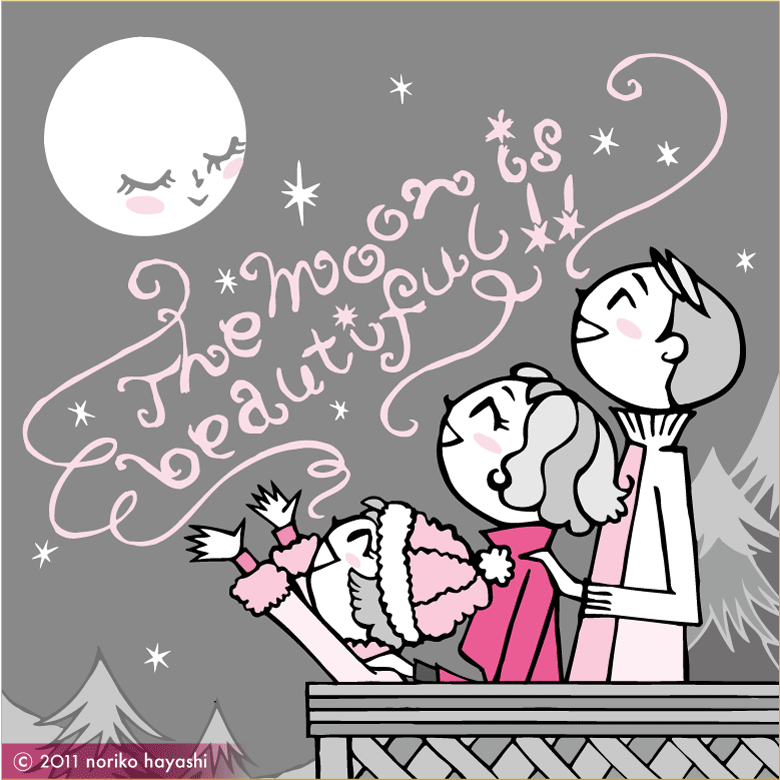 イラスト The moon is beautiful! 満月に手をのばす女の子。家族３人バルコニーから月をながめる。