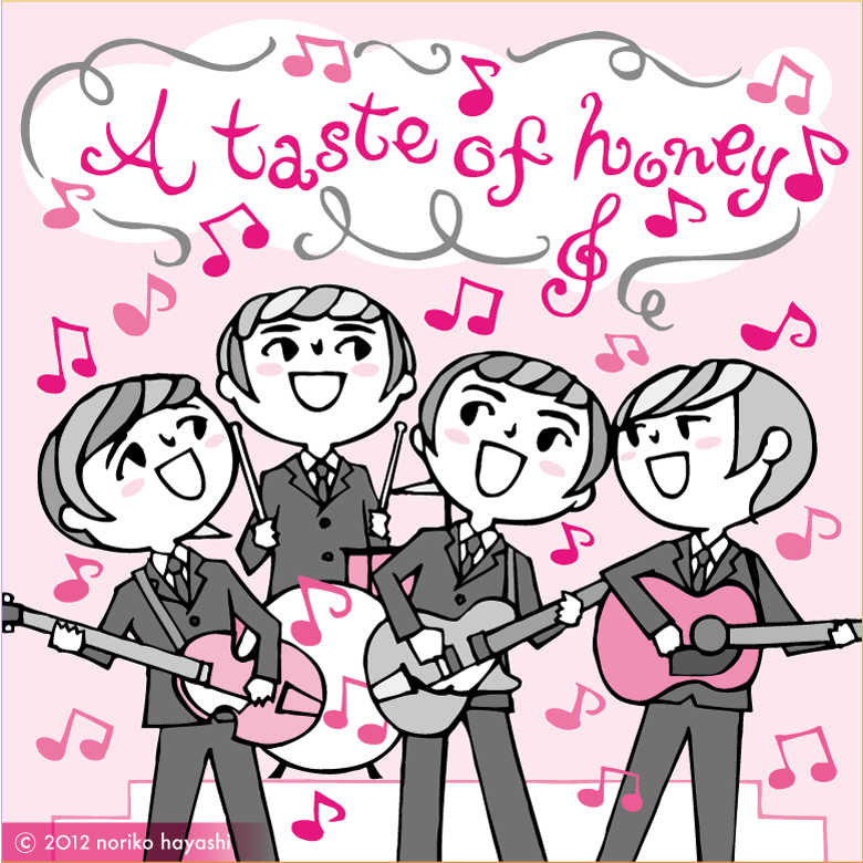 イラスト 4人組バンド、ビートルズのA taste of honeyを演奏、歌う。