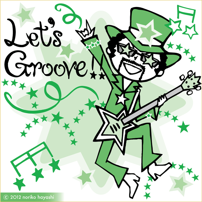 イラスト Let's groove! ブーツィー・コリンズ似のベーシスト、星形ベースを手に弾ける。