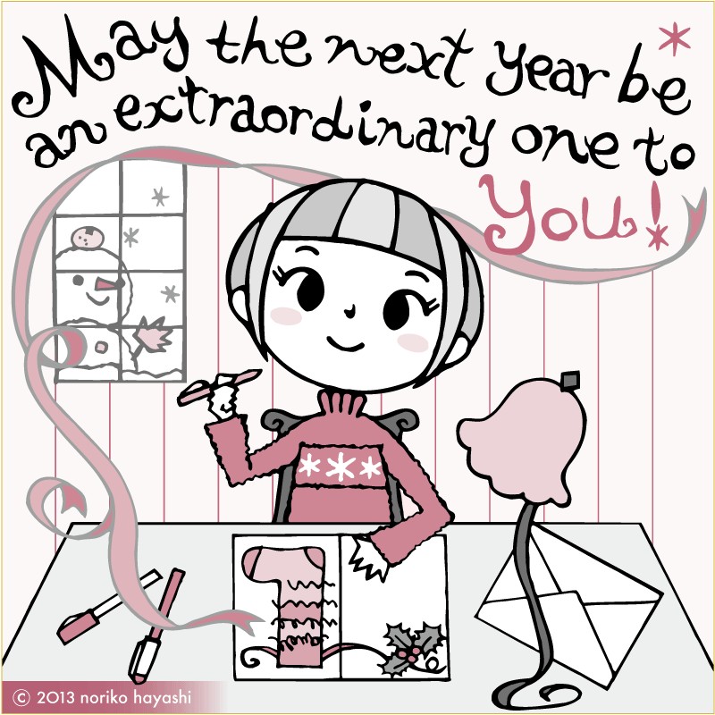 イラスト 「素晴らしい一年を！』クリスマスカードを書く女の子。窓の外には雪だるま。