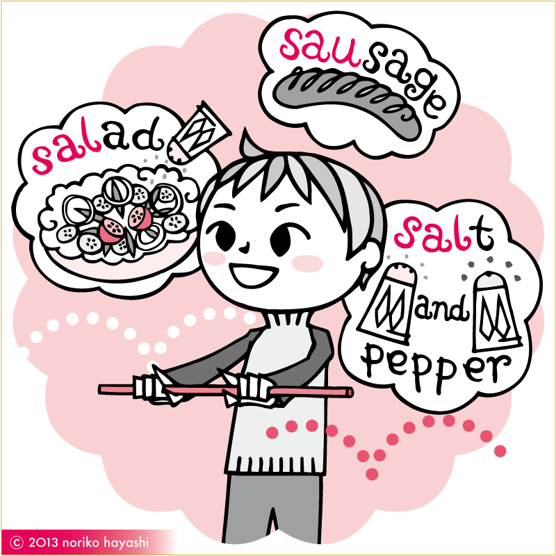イラスト 指遊びで英語をリズムに乗って唱える男の子。salad,sausage,salt and pepper♪