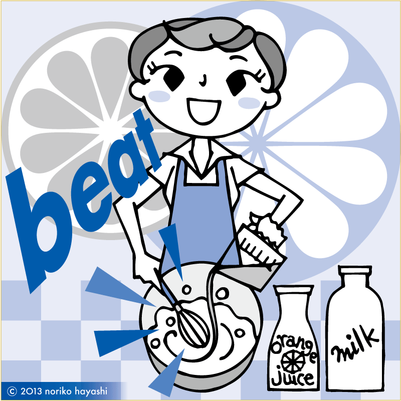 イラスト キッチンで牛乳入れたボウルにオレンジジュース注いでbeat!beat!beat!美味しいカクテルの出来上がり！