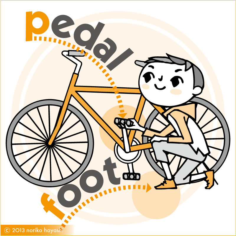イラスト pedalとfootの関係は？　自転車と少年。少年はしゃがんで自転車のペダルを回す。