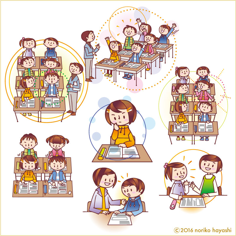 教室で答えを発表したり、みんなに説明したり、ひとりでじっくり考えたり。担当の先生に算数を見てもらうぼく。私はお家でお母さんと一緒に国語。