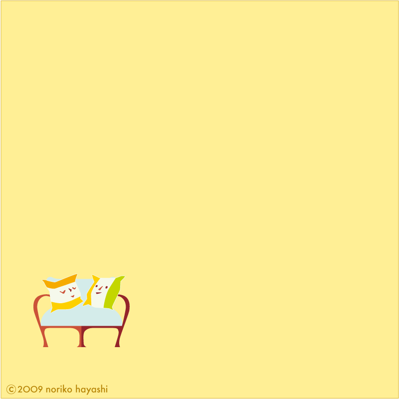 部屋の主はソファ。ふたつのクッションが居心地良さそうにくつろぐのでした。