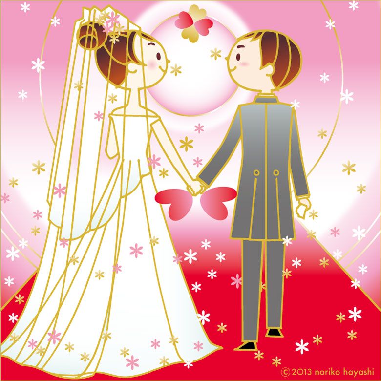 イラスト 結婚式、新郎と手をつなぎしあわせに向かってしっかり歩く新婦「香織」さん。