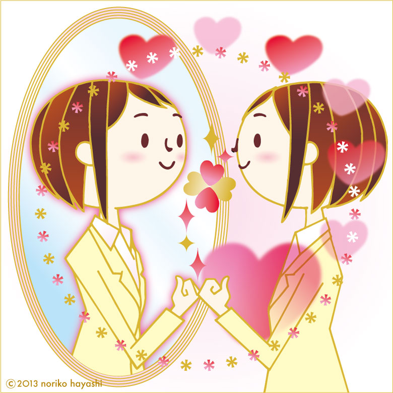 イラスト 鏡に向かってガッツポーズの「秋穂」さん。自分に毎日エールを送る