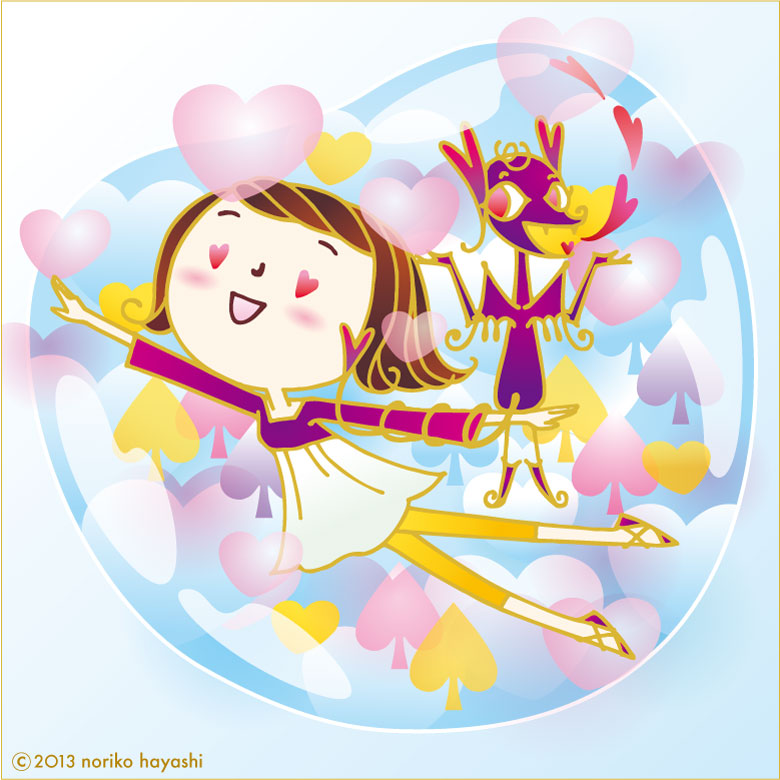 イラスト 悪魔ちゃんがささやき、目がハートになる「響子」さん。シャボン玉の中でふわふわ浮かぶ