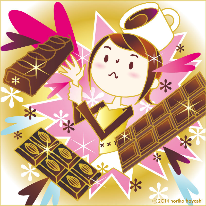 イラスト ストレスでチョコ中毒になってしまった「紗希」さん。スイートなチョコレートたちの誘惑と戦う。甘いものに伸びる右手を左手で押さえ込み。