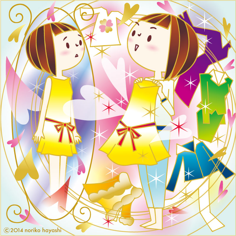 イラスト 他の人が着てカッコ良く見える服、とっかえひっかえ合わせてみても似合わないよ。鏡の中の「私」が訴える。探そう、自分に似合う道。