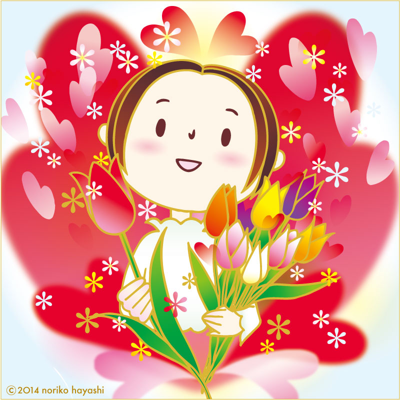 イラスト 自分を認めて心に潤いの花を咲かせた「香世さん」。抱えた色とりどりのチューリップをひとつあなたに。