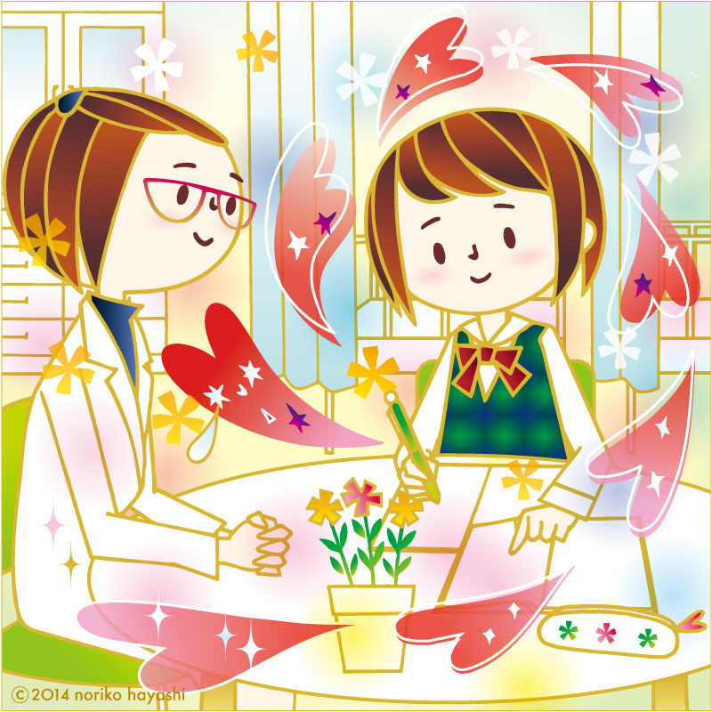 イラスト 家族のことでつらい毎日を送る高校生の「梓さん」。保健室で勉強する。保健室の先生に暖かく見守られ、生きていく。