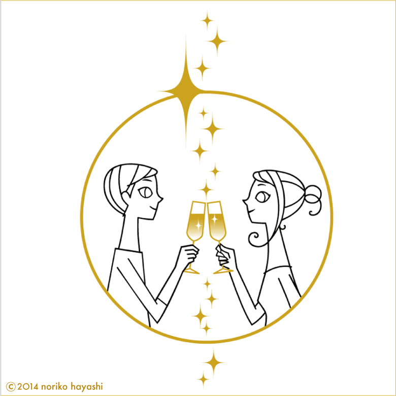 線画 シャンパンゴールド輝くグラス。乾杯する彼と彼女。まあるい月はゴールドリング。