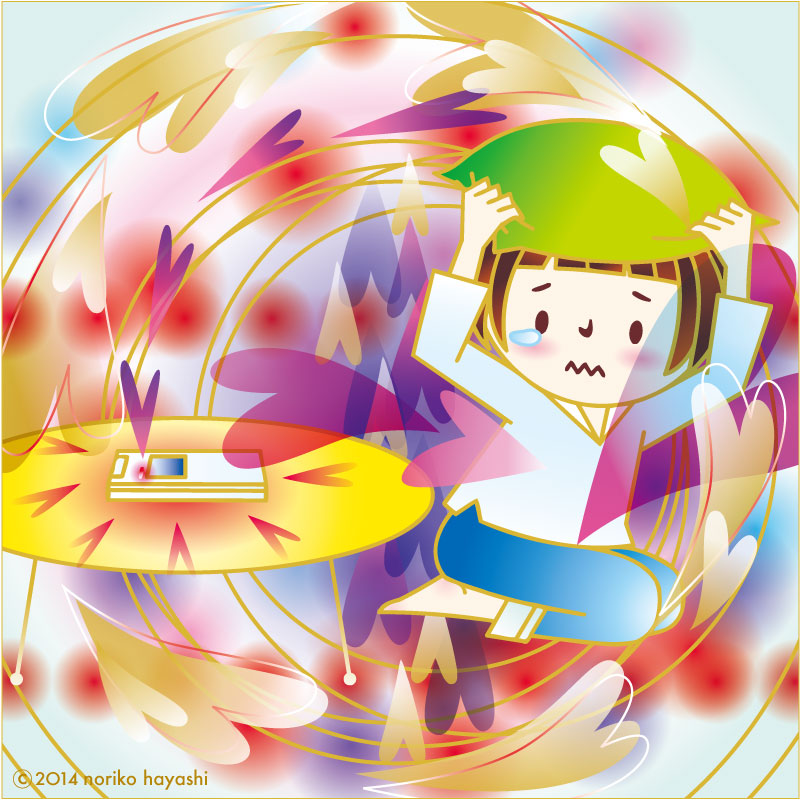 イラスト メールの着信音に怯える「りょうっぺ」。クッション被って涙目で、自分の時間を取り戻す方法を考えます。