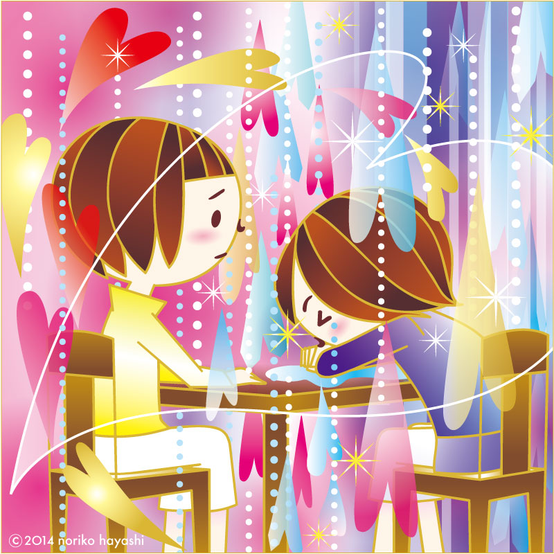 イラスト 勇気を振り絞って病気を抱えるお姉さんと向き合う「りょうっぺ」。泣きながらテーブルに突っ伏すお姉さん。