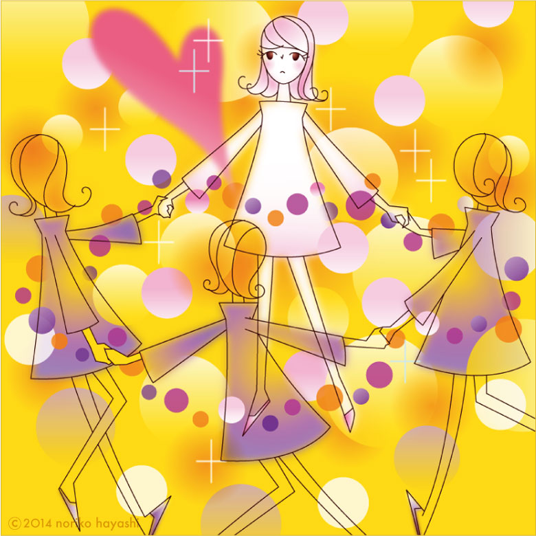 イラスト 女友達と手をとりあって輪になって、ぐるぐる踊る。これでいいのか現実逃避の楽しい女子会。