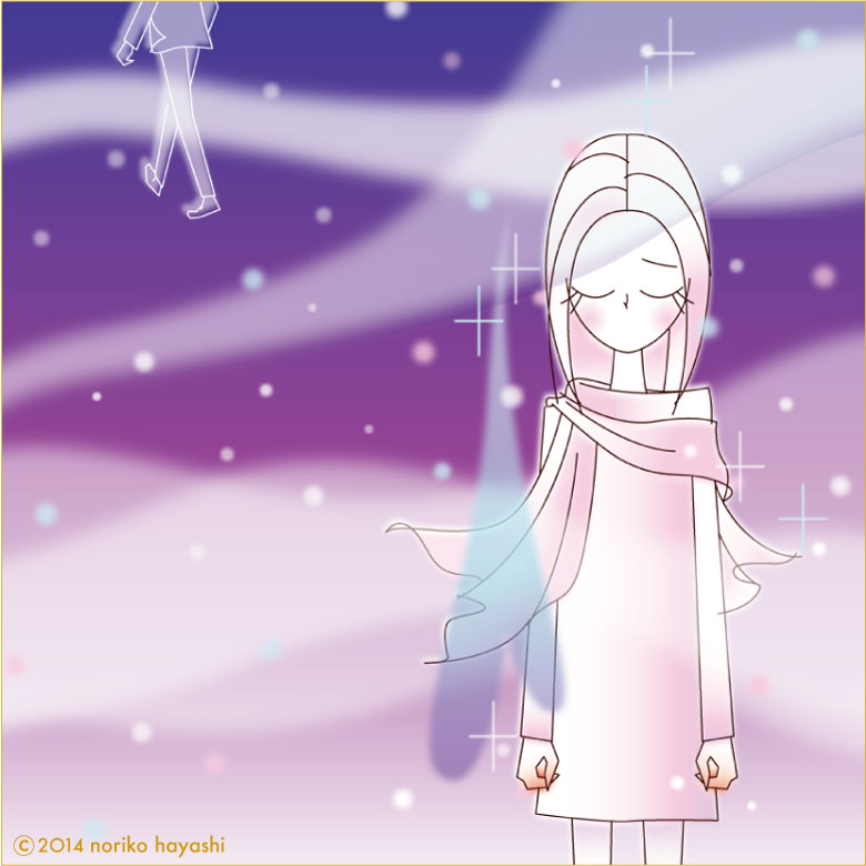 イラスト 彼が去って行く、雪の散らつく夜、凍える空気の中、立ち尽くす彼女