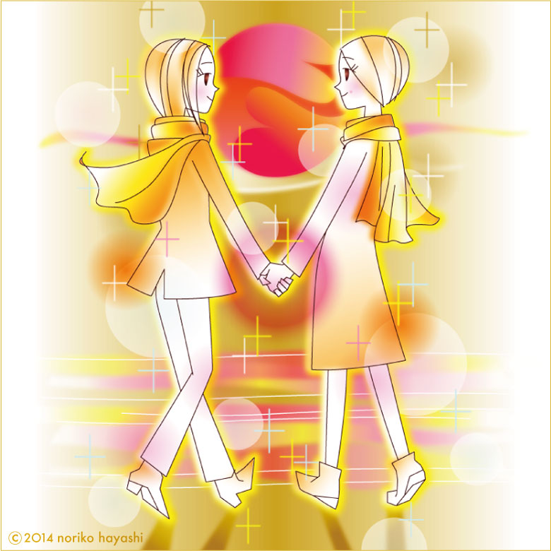 イラスト お母さんは偉大、初めて気付いた日、手をつなぎ、夕陽に向かって軽やかに歩く母娘