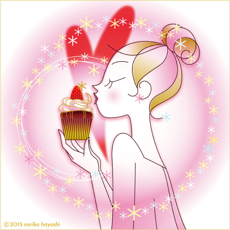 イラスト 食べる楽しさ思い出す。苺のカップケーキにも愛。