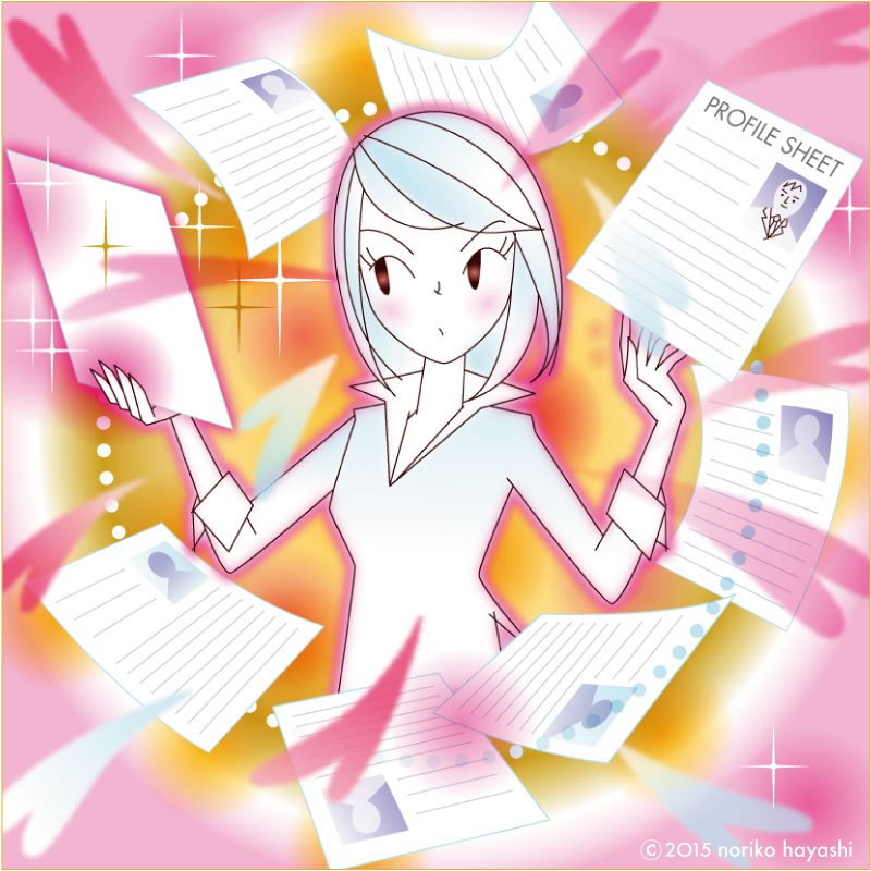 イラスト 37歳の彼女、40代の婚活パーティーでもてまくるの図。プロフィールシートよりどりみどり〜♪