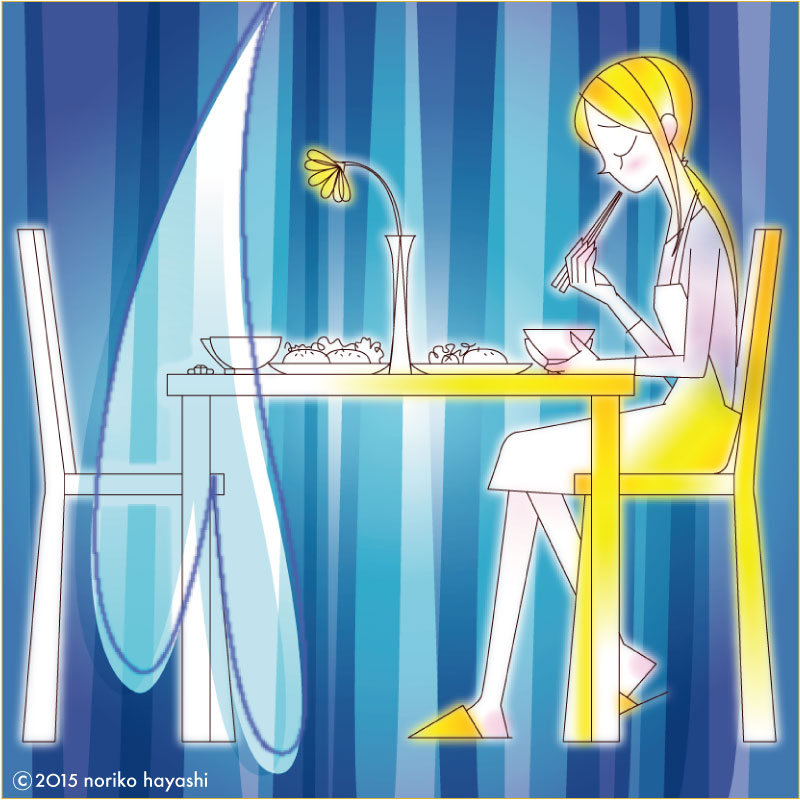 イラスト 新婚の彼女、食卓はいつもひとり。向かいの空席にテーブルの一輪挿しのガーベラもうなだれるの図