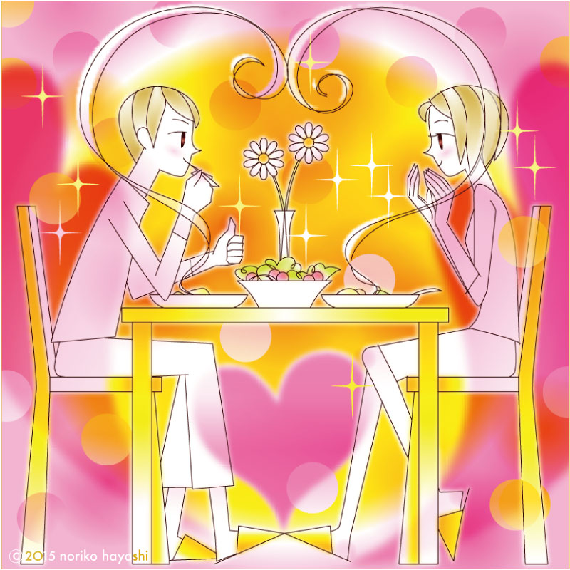 イラスト ひとりぼっちでブルーな食卓から、美味しい湯気に包まれてふんわり明るいふたりのテーブルに変えるの図。