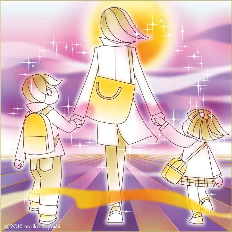 イラスト 子供たちと自分を大切にするために、家を出る決意の背中。荒野を進む。