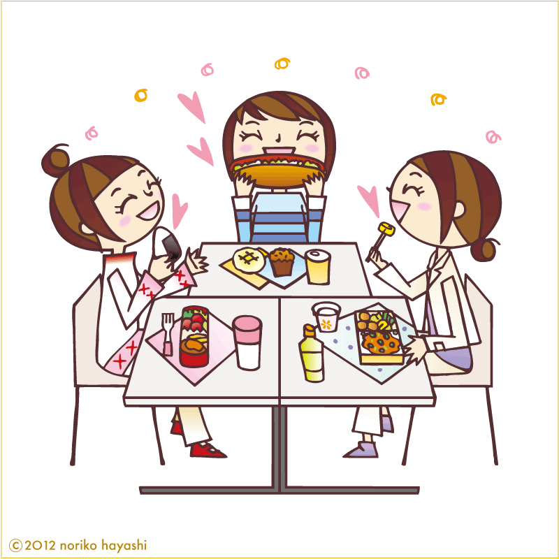 昼休み。お弁当派もコンビニ派も、たくさん食べて元気いっぱい♪
