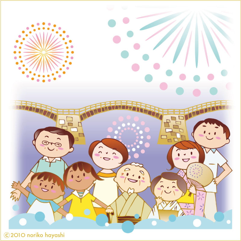 トップページイラスト 空に川面に大輪の花。見とれる街のじいちゃん、ばあちゃん、とうさん、かあさん、にいさん、ねえさん、わたし、ぼく