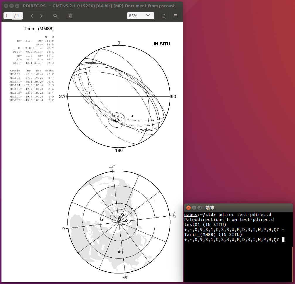 Example of paleomagnetic analysis in which commands are typed in through a terminal on Linux.