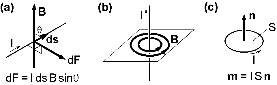 (a) a force acting on a current in a magnetic field, (b) circular magnetic filed is created around a linear current, (c) magnetic moment is equivalent to a loop current multiplied by the area of the loop.