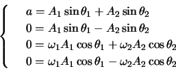 \begin{displaymath}
\left\{
\begin{array}{rl}
& a = A_1\sin\theta_1+A_2\sin\th...
..._1\cos\theta_1-\omega_2 A_2\cos\theta_2 \\
\end{array}\right.
\end{displaymath}