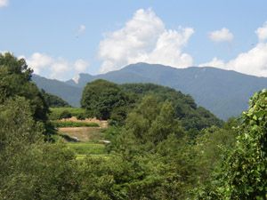 甲州街道古道より日向山と雁河原を仰ぎ見る