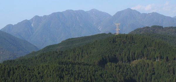 大野山のイヌクビリ近くから望む檜洞丸(中央)、左に下るのは石棚山稜、右に同角ノ頭