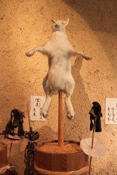 御頭祭(おんとうさい)の再現ディスプレイ 串刺しの兎