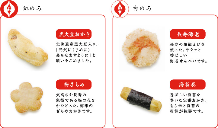 商品内容（紅）黒大豆おかき、梅ざらめ、（白）海苔巻、長寿海老