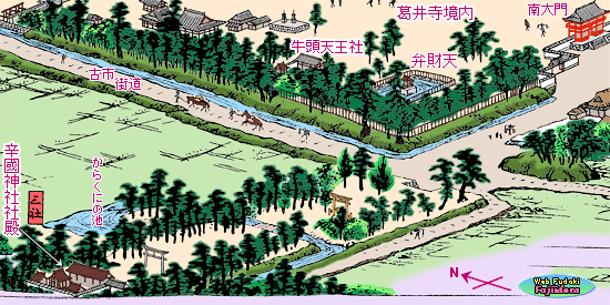 ⑥ 江戸時代の絵図に見られる辛國神社(南西より)