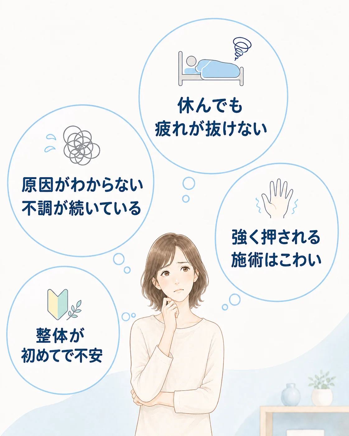 休んでも疲れが抜けない、原因がわからない痛みや体のだるさが続いている、強く押される施術はこわい、整体が初めてで不安と感じている方のイラスト