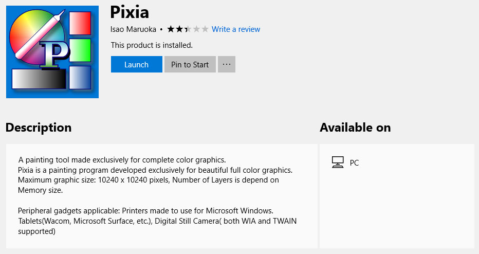 Pixia on the Windows 10 store