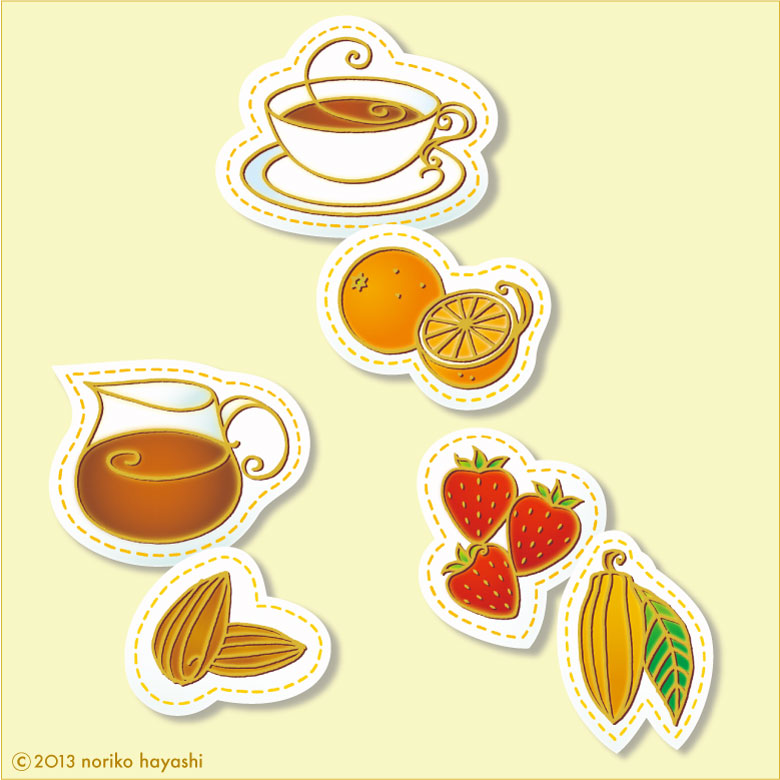 イラスト 紅茶とオレンジ、ガラスのピッチャーに入れたメープルシロップとアーモンド、苺とカカオの実